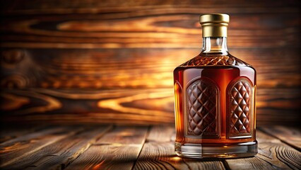 A close up of a bottle of hard liquor showing its rich amber color and intricate label design, label, contrast, color, alcoholic, design, hard liquor, amber, bourbon, bar, alcohol