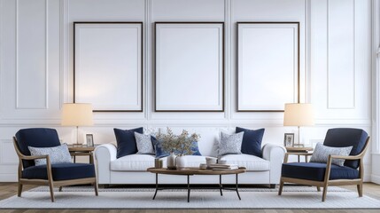 Modern Living Room with White Sofa and Blue Armchairs