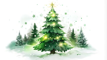 Obraz premium Glowing Christmas tree in a snowy forest with soft winter lights