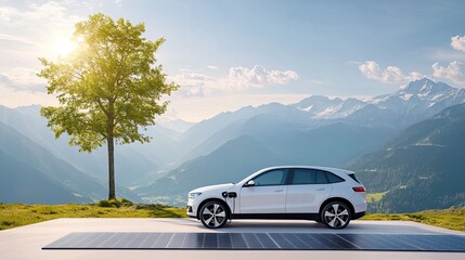 Fototapeta premium A sleek electric car parked beside solar panels in a scenic mountain landscape, promoting sustainable energy and eco-friendly transportation.