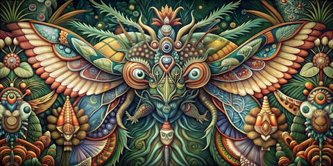 Fototapeta premium A colorful painting of a butterfly with a human face on its back. The butterfly is surrounded by other creatures including birds and fish. 