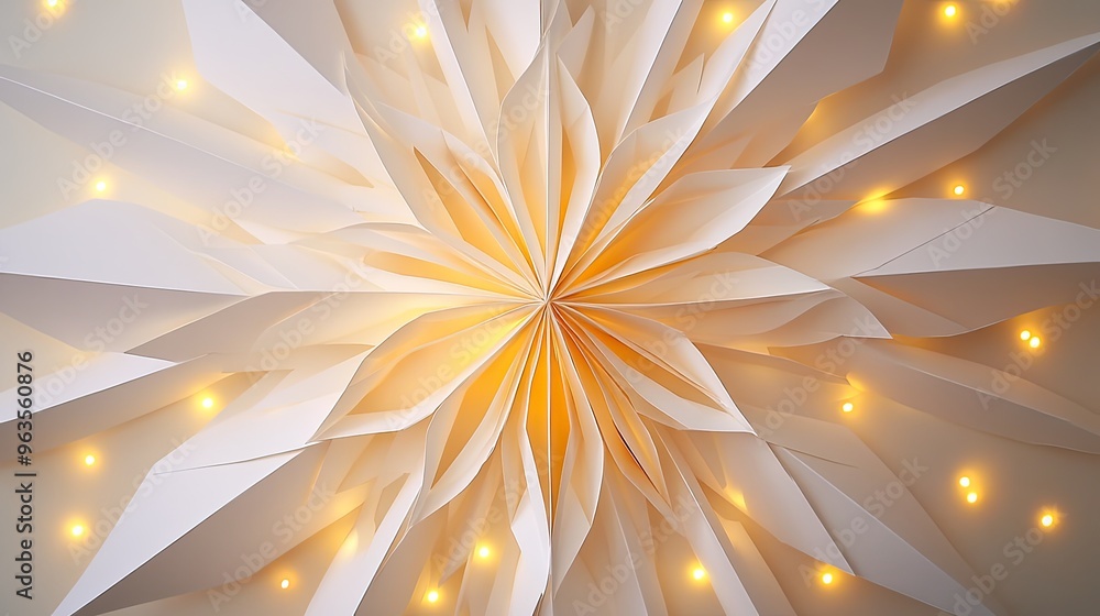 Poster a stunning abstract design featuring layered paper shapes, illuminated by warm lights, creating a ca