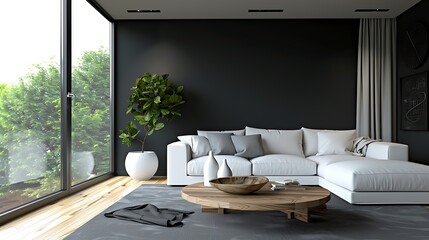 Fototapeta premium Contemporary living room adorned with a sophisticated black wall, white sofa, and wooden coffee table near a window.