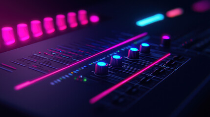 Vibrant audio mixer with colorful lights, showcasing modern technology in sound engineering and music production. high quality