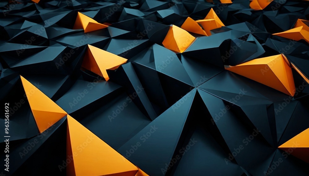 Poster a striking 3d geometric design featuring dark and vibrant orange shapes arranged in a complex patter