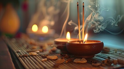 Two incense sticks create peace and faith in a candle lit ambiance