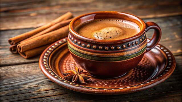 A close up photo of a cup of Mexican pot coffee with a sprinkle of cinnamon and a piece of piloncillo inside creating a warm and aromatic beverage with traditional Mexican flavors