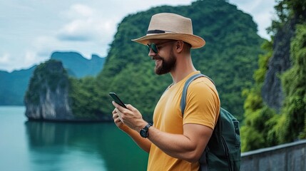 Fototapeta premium A traveler enjoying nature while using a smartphone near a beautiful lake surrounded by mountains.