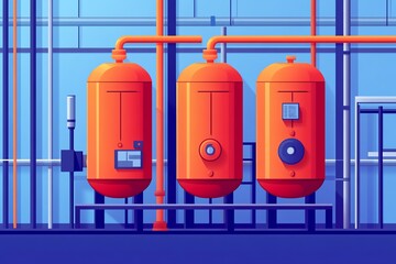 Three large industrial tanks with pipes and gauges in a factory setting.