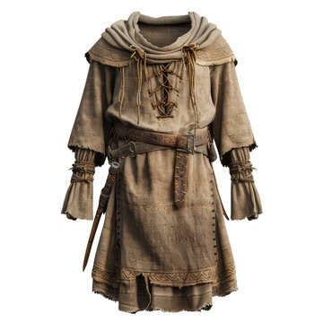 A detailed medieval tunic with a hood, isolated on white background, transparent background