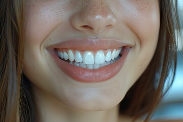 Fototapeta premium Close up macro photo of a model's mouth, she is smiling. Close up photo of her teeth and smiling, detailed lips .generative ai