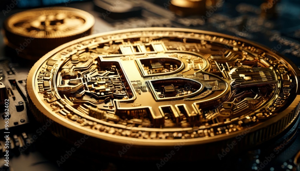 Poster a close-up shot of a golden bitcoin positioned on a detailed circuit board. the intricate design and