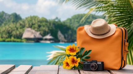 Obraz premium A vibrant travel scene featuring a stylish suitcase, hat, flowers, and camera, perfect for vacation planning and adventure.