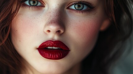 Fototapeta premium A stunning close-up portrait showcasing a young woman with captivating green eyes and bold red lips. The soft lighting enhances her natural beauty and youthful charm.