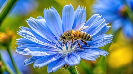 plant, vibrant, pollen, summer, blue flower, bee, common chicory, nature, macro, A close up view of a vibrant blue flower of common chicory with a busy bee gathering pollen and nectar