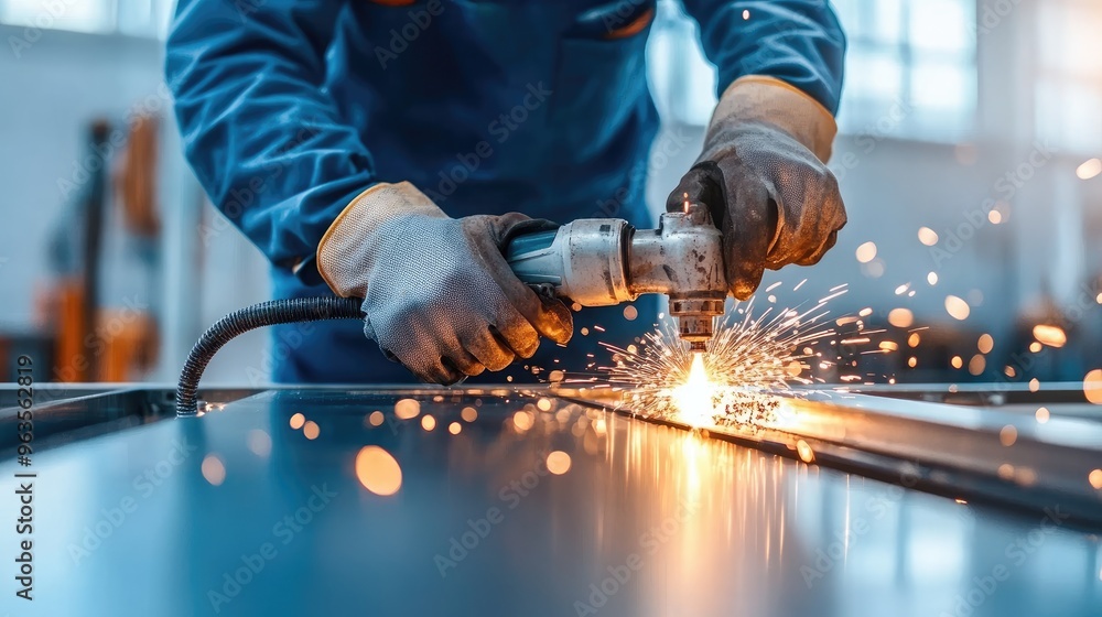 Aufkleber a welder skillfully operates a cutting tool, creating bright sparks while shaping metal in a modern 