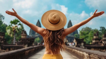 Fototapeta premium A woman in a yellow outfit and straw hat enjoys a sunny day at a historic temple, embracing the beauty of nature and culture.