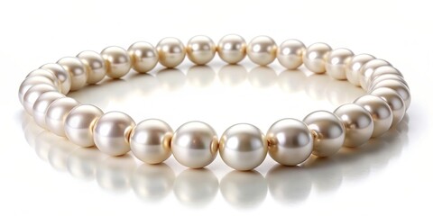 Fototapeta premium Round graduated luster pearl necklace with a beautiful sheen and shimmer captured from a worm s eye view on a clean white background, luster, fashion accessory, shimmer, graduated, style