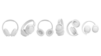 Closeup of white gaming headphones from many angles, isolated on white copy-space background.