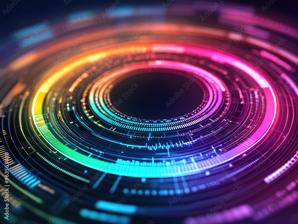 Poster abstract colorful digital design featuring vibrant circular patterns and glowing elements, perfect f