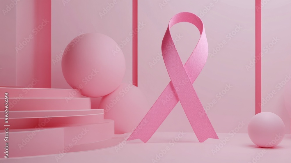 Wall mural Pink Ribbon on a Pink Background with Geometric Shapes