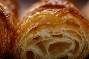 Close up shot of a freshly baked and cut buttery French croissant