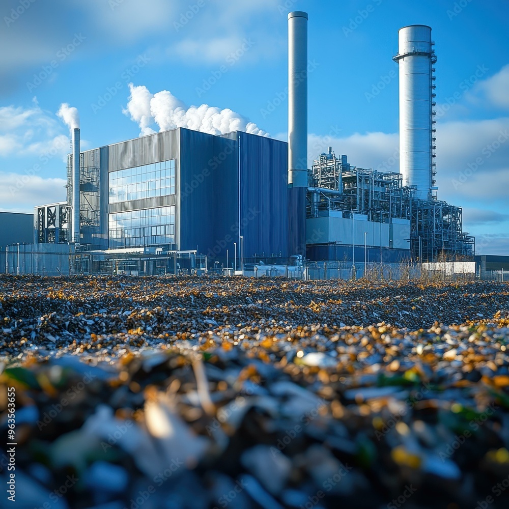 Wall mural an industrial power plant with tall chimneys emitting steam, surrounded by a field of scattered debr