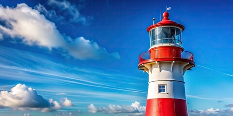 A detailed close up image of a red and white lighthouse against a vibrant blue sky, extreme close-up, navigation, blue sky, horizon, travel, lighthouse, coastal, maritime, nautical,red