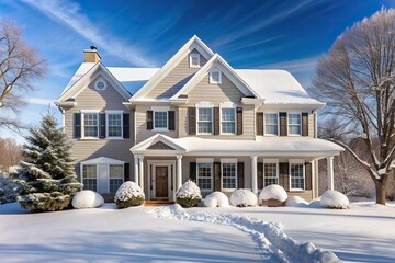 A typical American house in winter covered in snow with a minimalist design, American, house, snow, covered, design