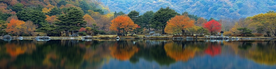 Obraz premium A beautiful autumn scene with a lake and trees. The trees are full of leaves and the water is calm