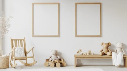 Minimalist Nursery Interior with Wooden Toys and Blank Frames