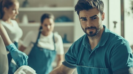 Fototapeta premium Collage photo of cleaning service Professional Cleaning Group Performing Cleaning Tasks household chores .generative ai