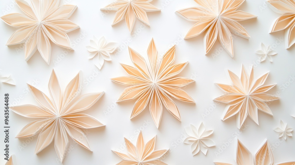 Poster beautiful arrangement of handmade paper flowers in soft peach tones, creating a delicate backdrop fo