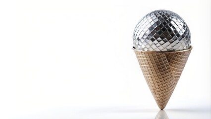 Disco ball shaped ice cream reflected on a white background, isolated, treat, festive, celebration,disco, party, reflection, sweet, ball, cone, sprinkles, shiny, disco theme, dessert