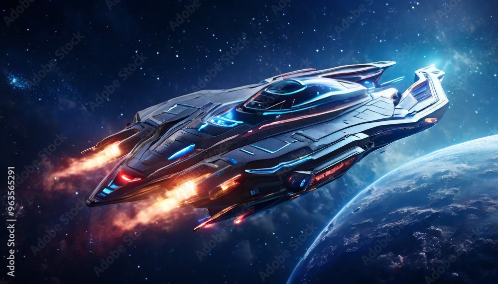 Poster a sleek, futuristic spaceship with glowing blue and red lights soars above earth, surrounded by the 
