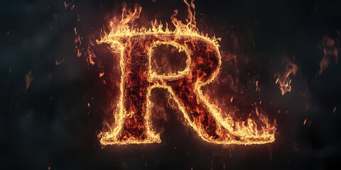 Letter "R" Created with Blazing Flames on Dark Background. AI generated illustration