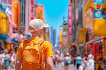 Boy exploring a vibrant street market on a sunny day