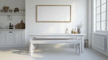 Minimalist White Kitchen Interior with Wooden Table