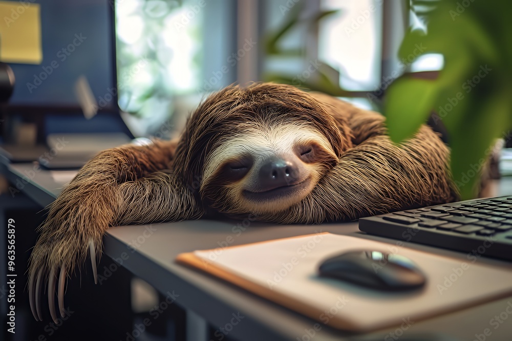 Fototapete a brown sloth sleeps peacefully on a desk with a computer keyboard and a mouse in front of it.