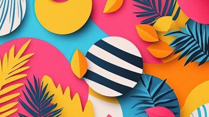Colorful abstract background with vibrant circles and tropical leaves, perfect for creative and summer-themed designs.