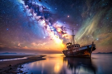 Obraz premium universe, astronomy, abandoned, scenic, reflection, tranquil, mysterious, The photo depicts a wrecked ship resting under a serene night sky adorned with the mesmerizing Milky Way