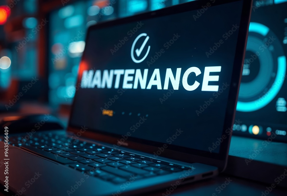 Poster a close-up view of a laptop displaying a maintenance screen in a high-tech environment