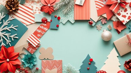 Colorful Christmas decorations create a festive frame, featuring paper crafts, ornaments, and holiday elements on a mint background.