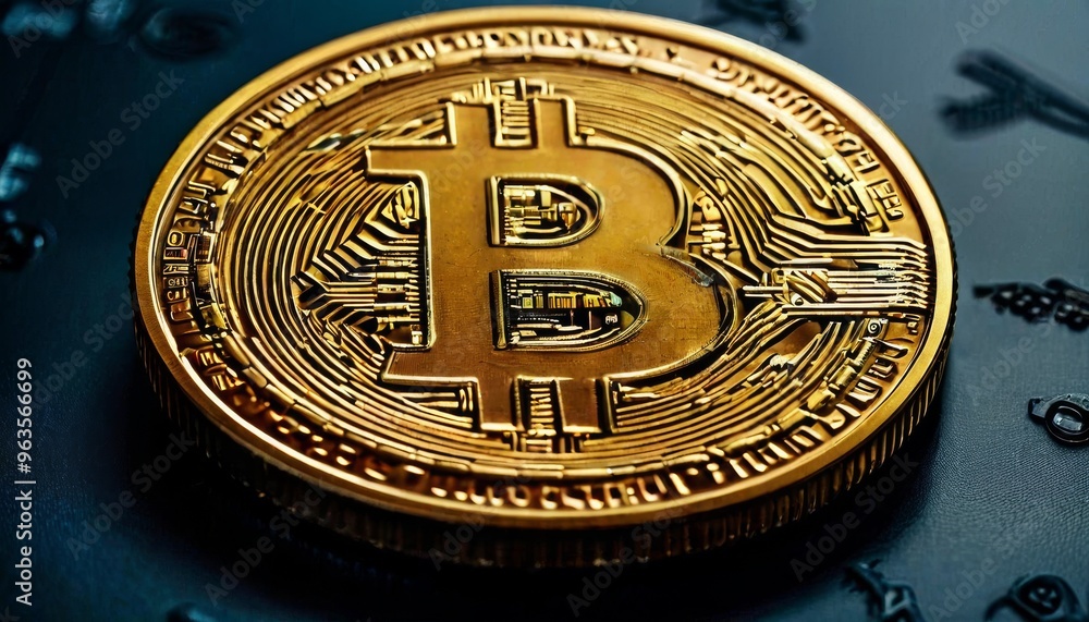 Poster a macro shot of a bitcoin symbol lying on a reflective surface, emphasizing its intricate design and