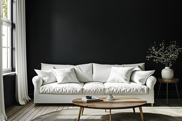 Contemporary living space featuring a refined black wall, a cozy white sofa, and a wooden coffee table near a window illuminating the room. 