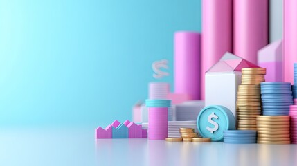 Colorful financial growth concept with coins, bars, and symbols, showcasing investment and prosperity in a modern style.