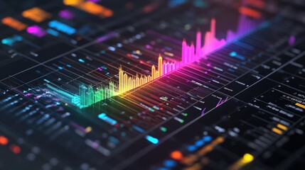 Obraz premium Colorful digital sound wave visualization on a dark background, showcasing audio frequencies and modern technology.