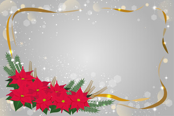 ポインセチアの花束と金色のリボンが添えられたクリスマスの背景