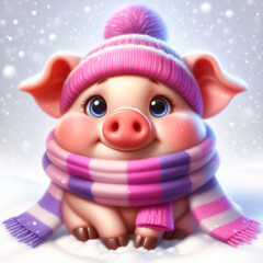 Cute pig illustration in snowy landscape with scarf and wool hat. Christmas Celebration Time