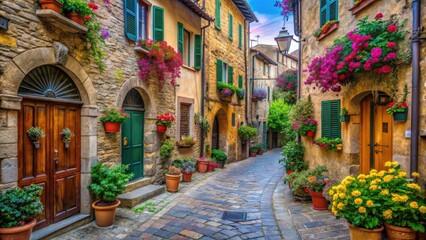 Fototapeta premium Picturesque streets of Italy with colorful buildings, cobblestone paths, and hanging flower baskets
